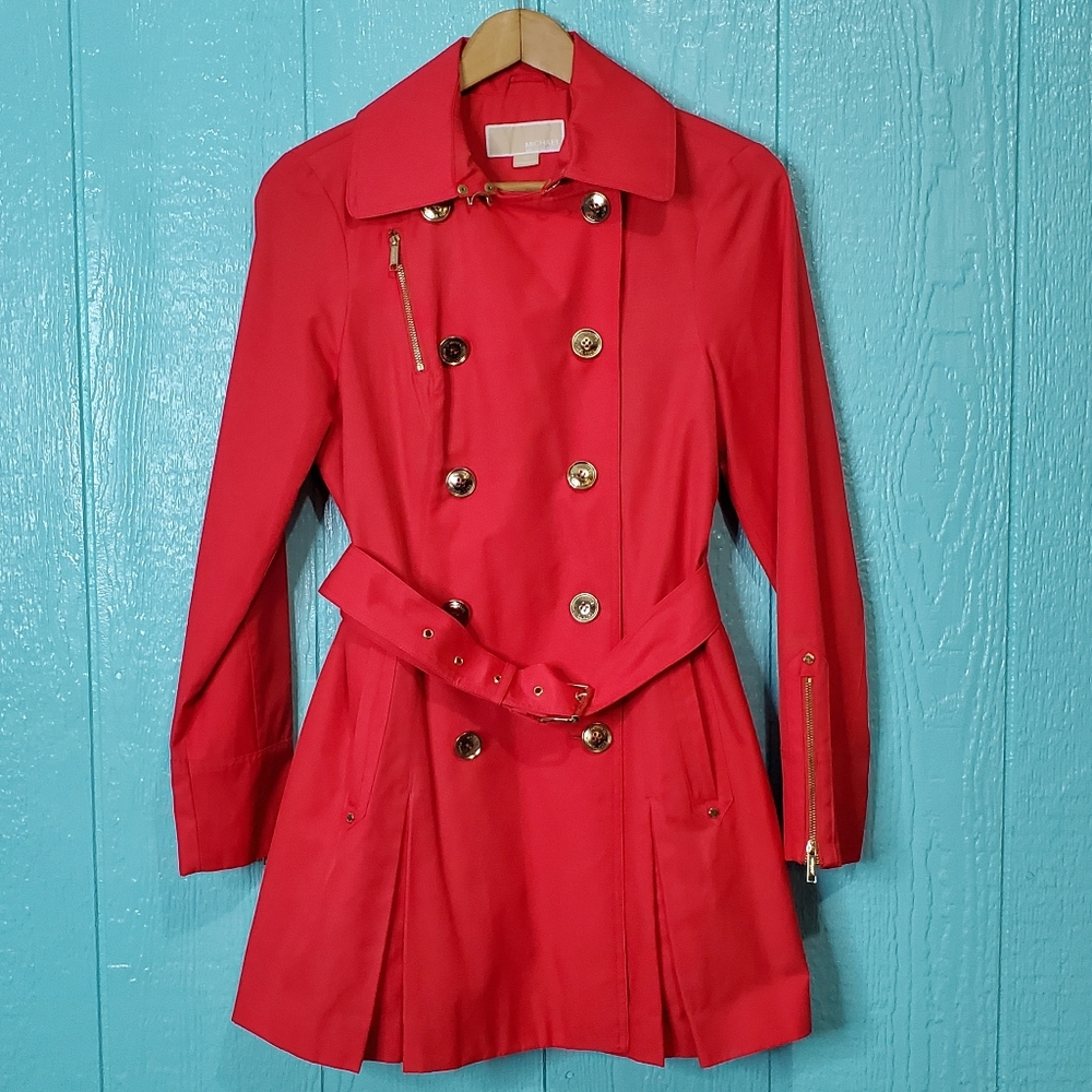 ❤ Michael kors Coat Coral long sleeve with belt bottom in the front Size…